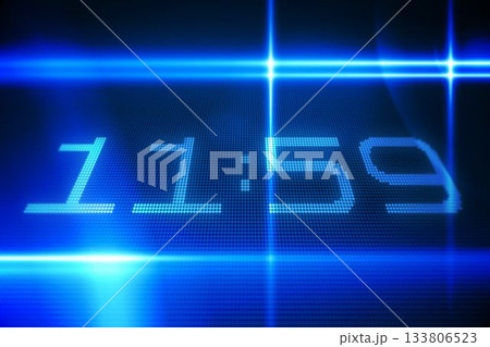 flat vector glowing blue LED grid displaying 11:59 with crossing light streaks creating lens flares flat vector glowing blue LED grid displaying 11:59 with crossing light streaks creating lens flares 133806523