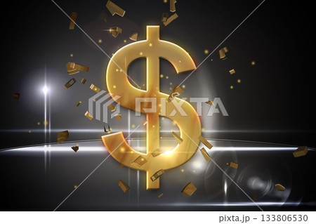 Golden dollar symbol is standing in dark digital space, with white beams, gold shards, lens flare 133806530