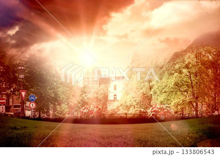 Iron railing is holding flower boxes under dawn flare, flat design with vintage lamp and signs 133806543