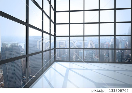 Room with large window showing city 133806765