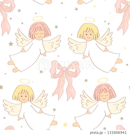 Cute bows and flying angel cartoon seamless pattern. Christmas background, vector illustration. 133806941