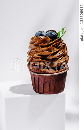 Decadent chocolate cupcake topped with frosting and berries on a white surface 133806956