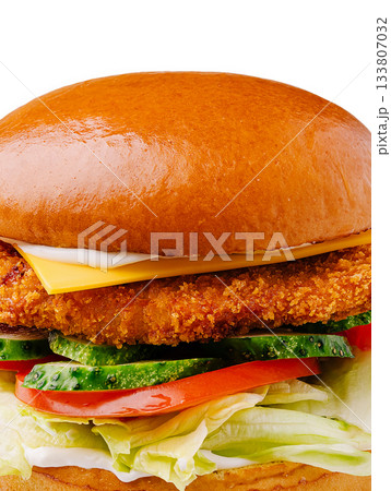 Crispy chicken sandwich with fresh toppings in a soft bun Crispy chicken sandwich with fresh toppings in a soft bun 133807032