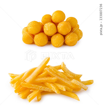 French fries and cheese balls on a white background French fries and cheese balls on a white background 133807236
