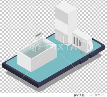 Image of a bath and water heater inside an isometric smartphone 133807490
