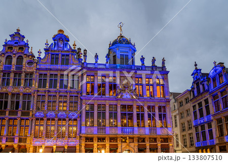 Grand Place Brussels Guildhalls Illuminated in Blue Light 133807510