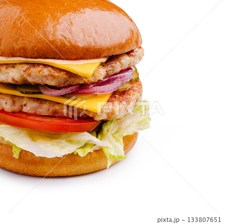 Juicy grilled chicken burger with cheese and fresh vegetables on a bun 133807651