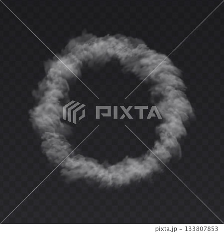 White Round Smoke on dark transparent background. Fog circle frame White Round Smoke on dark transparent background. Fog circle frame 133807853