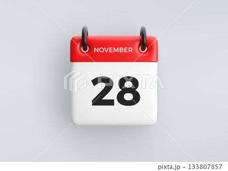 3D calendar icon with date 28 November on grey background. Vector schedule symbol. 3D calendar icon with date 28 November on grey background. Vector schedule symbol. 133807857