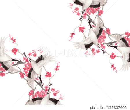 Corners frame of japanese cranes and sakura branches. Watercolor handmade illustration. For fabric, wallpaper, greeting cards, design, decoration and illustration. Corners frame of japanese cranes and sakura branches. Watercolor handmade illustration. For fabric, wallpaper, greeting cards, design, decoration and illustration. 133807903