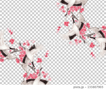 Corners frame of japanese cranes and sakura branches. Watercolor handmade illustration. For fabric, wallpaper, greeting cards, design, decoration and illustration. Corners frame of japanese cranes and sakura branches. Watercolor handmade illustration. For fabric, wallpaper, greeting cards, design, decoration and illustration. 133807903