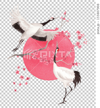 Sakura and japanese cranes with the sun on a background. Watercolor handmade illustration. For fabric, wallpaper, greeting cards, design, decoration and illustration. Sakura and japanese cranes with the sun on a background. Watercolor handmade illustration. For fabric, wallpaper, greeting cards, design, decoration and illustration. 133807908