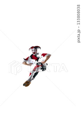 Jester leaping forward with large card decks and theatrical smile 133808038