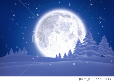 Glowing full moon is rising over snowy pine slopes while snowflakes are falling in flat design Glowing full moon is rising over snowy pine slopes while snowflakes are falling in flat design 133808445
