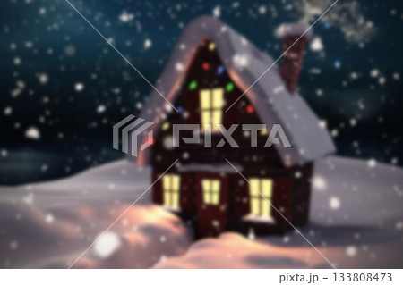 snowy cabin is sitting at night in flat style with glowing windows, snowfall, multicolored lights 133808473