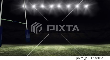 White goalpost with dark blue padding is standing in flat design stadium field lit by floodlights 133808490