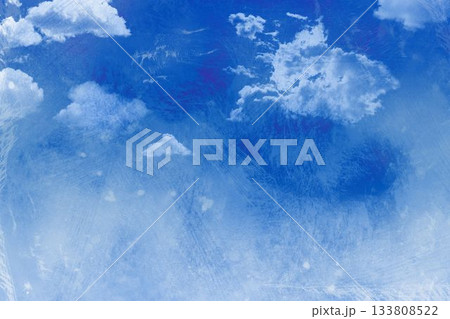 Deep blue sky is spreading across canvas, showing fluffy clouds and distressed painterly texture 133808522