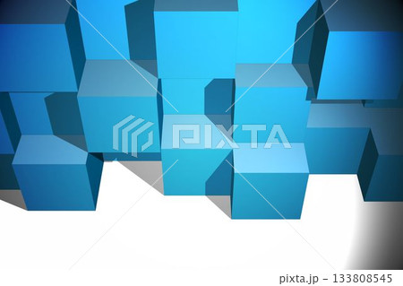Blue cubes are floating above white plane in 3D render, casting soft shadows on gradient backdrop 133808545
