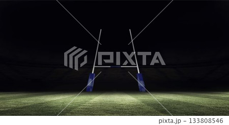 Rugby goalpost is standing on striped grass under floodlights with dark stands in flat design Rugby goalpost is standing on striped grass under floodlights with dark stands in flat design 133808546