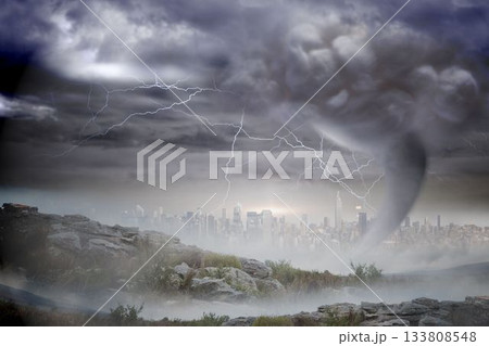 Stormy sky with tornado over cityscape 133808548