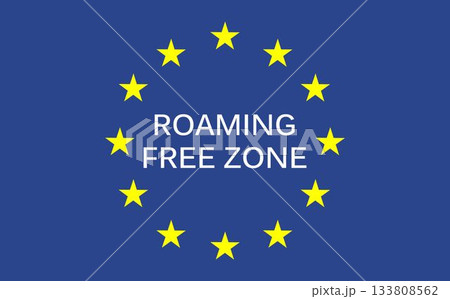 Roaming free zone text on blue European Union flag 133808562