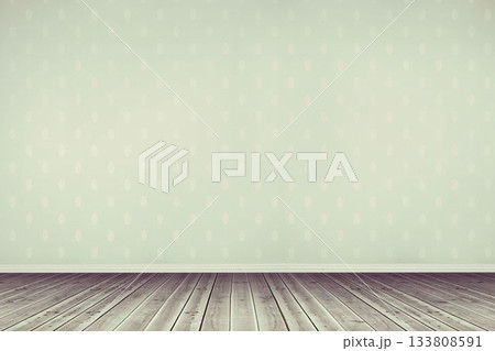 Flat design illustration is showcasing empty room with patterned mint green wall and wooden floor Flat design illustration is showcasing empty room with patterned mint green wall and wooden floor 133808591