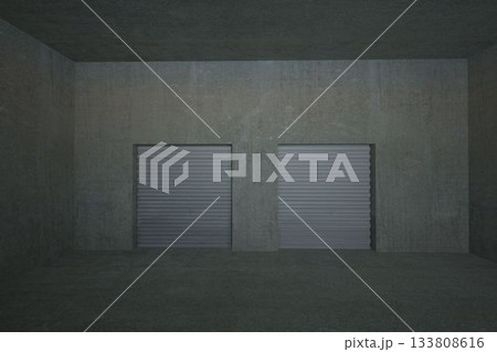 Two metal roller shutter doors are standing in flat design garage with concrete column, copy space Two metal roller shutter doors are standing in flat design garage with concrete column, copy space 133808616