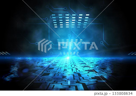 Technological black background with blue light Technological black background with blue light 133808634