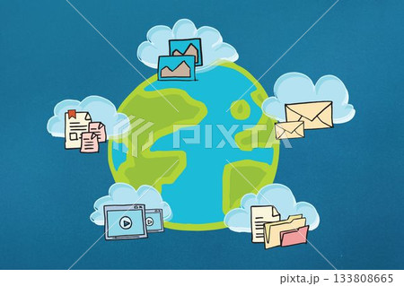 Flat digital illustration is showing Earth globe on blue backdrop surrounded by cloud file icons 133808665