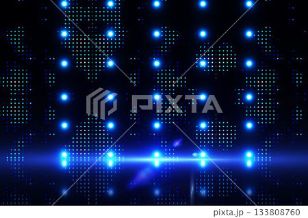 Abstract glowing blue LED grid is showing 3D render with light flare on reflective floor 133808760