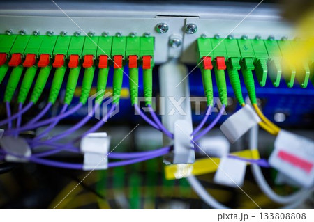 flat design is showing fiber optic patch panel on rack with green SC or APC connectors, purple cable flat design is showing fiber optic patch panel on rack with green SC or APC connectors, purple cable 133808808
