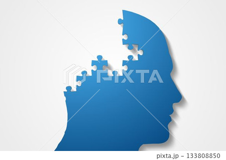 Blue jigsaw head with missing pieces 133808850