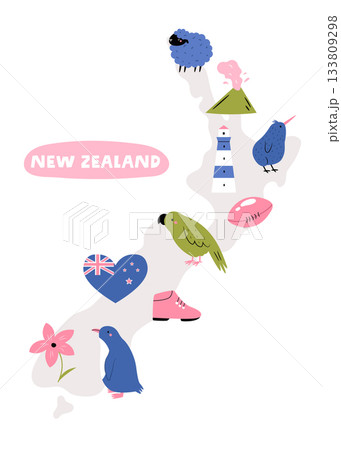 Cute New Zealand Map Illustration with Kiwi Bird, Sheep, Volcano, and Island Symbols for Prints 133809298