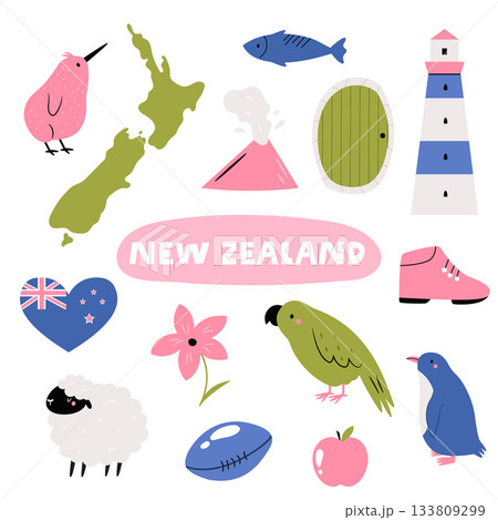 Cute New Zealand Ready Design with Kiwi, Kea Bird, Map, Sheep, Volcano, Lighthouse and Rugby Ball Illustration 133809299