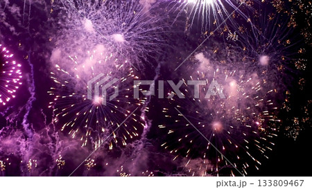 Purple Firework celebrate anniversary happy new year 2024, 4th of july holiday festival. Purple firework in night time celebrate national holiday. Violet firework Countdown to new year 2024 festival 133809467