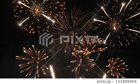 Golden Firework celebrate anniversary independence day night time celebrate national holiday. Countdown to new year 2024 party time event. Happy new year 2025, 4th of july holiday festival concept 133809468