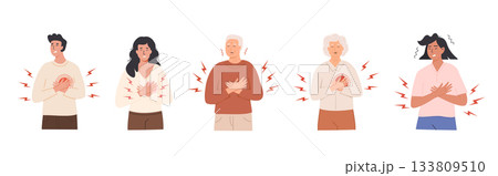Set of people experiencing chest pain and heart discomfort with a pained expression. Symptoms of heart attack, angina, respiratory issues. Flat Style Vector Illustration isolated on white background. Set of people experiencing chest pain and heart discomfort with a pained expression. Symptoms of heart attack, angina, respiratory issues. Flat Style Vector Illustration isolated on white background. 133809510