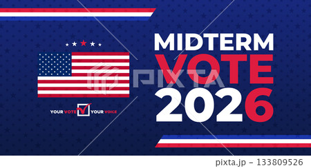 Midterm Vote 2026 Banner with USA Colors and Patriotic Modern Graphic Layout 133809526