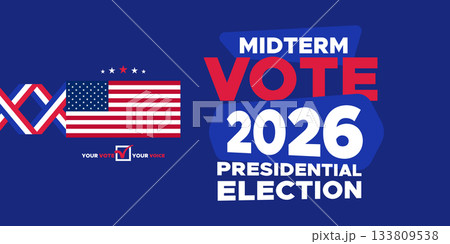 Midterm Vote America 2026 Banner with Flag Motif and Patriotic Graphic Theme 133809538