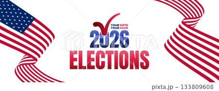 2026 Elections Banner with Flowing Red Stripes and Modern Patriotic Layout 133809608