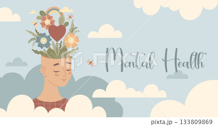 Mental Health poster. Calm Woman with Flowers, Heart and Rainbow emerging from her mind head in clouds. Wellness and emotional well-being. Self Care and Love. Vector horizontal Illustration. Not AI Mental Health poster. Calm Woman with Flowers, Heart and Rainbow emerging from her mind head in clouds. Wellness and emotional well-being. Self Care and Love. Vector horizontal Illustration. Not AI 133809869