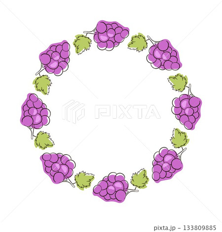 Wreath with bunch of wine grapes with leaf in flat style. 133809885