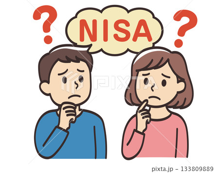NISAを始めたいがよく分からなくて困り顔の若い男女のイラスト NISAを始めたいがよく分からなくて困り顔の若い男女のイラスト 133809889