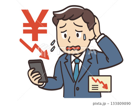スマホで為替を見て円安に頭を抱えるビジネスマンのイラスト 133809890