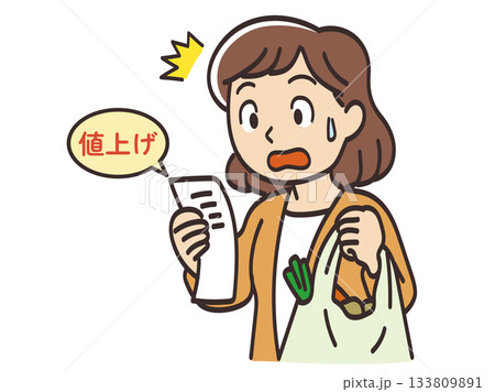 値上げのレシートを見て物価高に驚く主婦のイラスト 133809891