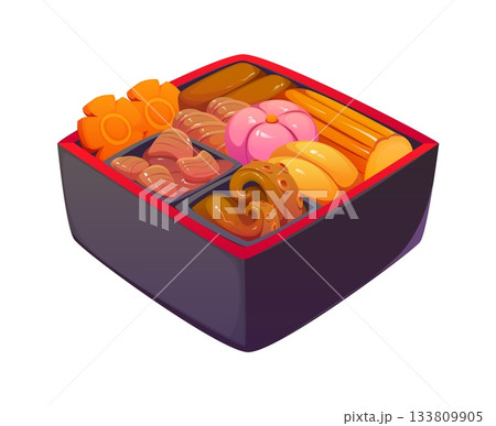 Cartoon Japanese New year bento box osechi ryori, filled with assorted festive foods such as vegetables, seafood, sweets and rolls. Vector traditional Asian culinary meal, symbol of Japan tradition 133809905
