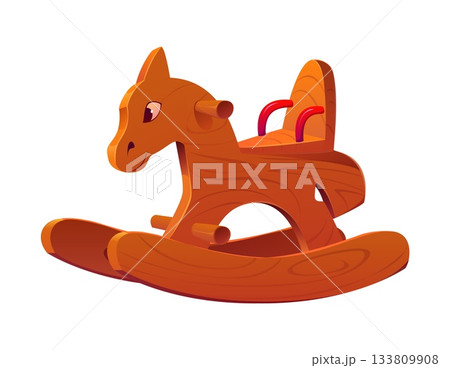 Christmas rocking horse toy or wooden pony for New Year gift, cartoon vector. Kids wooden rocking horse or fun ride toy for children presents from Santa on New Year or Christmas winter holiday Christmas rocking horse toy or wooden pony for New Year gift, cartoon vector. Kids wooden rocking horse or fun ride toy for children presents from Santa on New Year or Christmas winter holiday 133809908