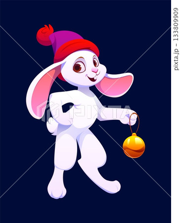 Christmas bunny animal or cartoon character for winter holiday, vector personage. Funny rabbit or hare bunny in knitted hat with Xmas tree bauble ball and happy face for Christmas greeting 133809909