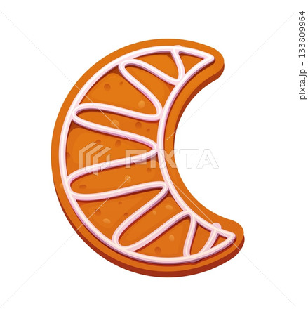Cartoon Christmas gingerbread cookie shaped like a crescent moon, sweet winter biscuit with icing ornament pattern. Vector baked dessert figure for merry xmas holiday celebration, confectionery pastry 133809964