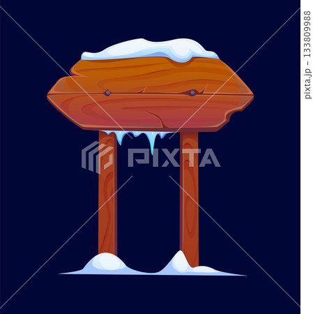 Cartoon rustic wooden signboard with snow on top and icy edge. Winter Christmas north pole sign with snowy wood board on two posts. Vector xmas signpost with blank arrow plank for message or direction Cartoon rustic wooden signboard with snow on top and icy edge. Winter Christmas north pole sign with snowy wood board on two posts. Vector xmas signpost with blank arrow plank for message or direction 133809988